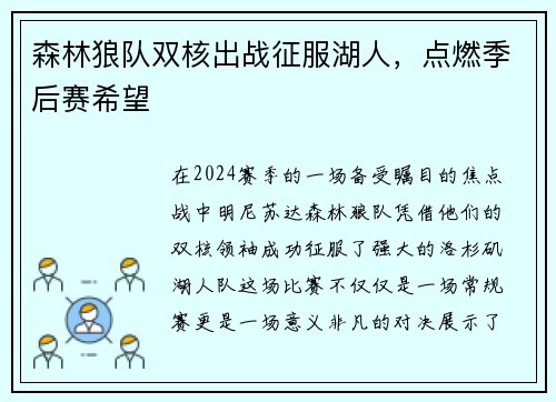森林狼队双核出战征服湖人，点燃季后赛希望